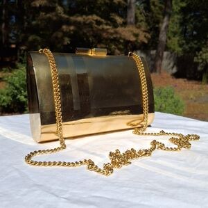 Vintage 1950's Gold Tone Metal Hard Case Box Convertible Clutch Shoulder Bag